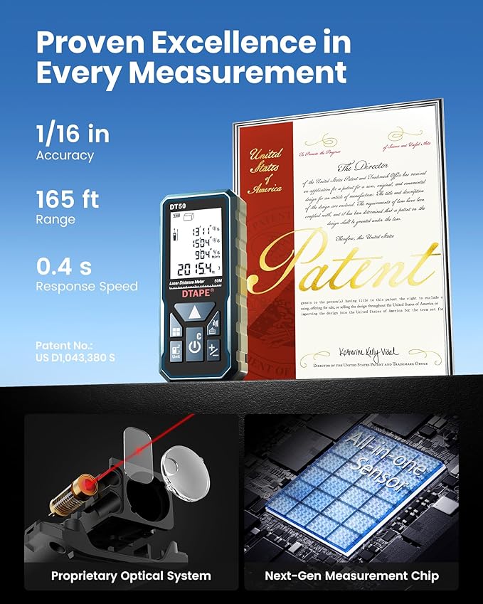 Laser Measure, DTAPE Digital Laser Distance Meter, Upgraded High-Accuracy Laser Measuring Tool, Electronic Tape Measure, 2" Backlit LCD Display, Area/Volume/Indirect Measurement, in/Ft/Ft+in/M