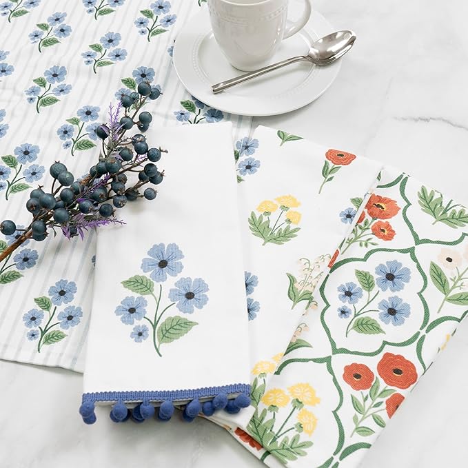 Ritz 100% Cotton Kitchen Towels, Blue Trellis Floral – 16"x26" – Absorbent Dish Towels for Drying & Cleaning – Soft & Durable (Set of 4)