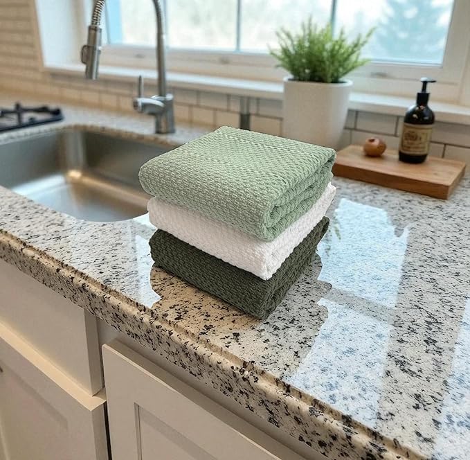 Sage White Dark Green Kitchen Hand Dish Towels: Oversized 28" x 18",100% Cotton Cloth Soft Cleaning Drying Absorbent Textured Design, Set of 3 Multipurpose for Everyday Use (Natural Collection)