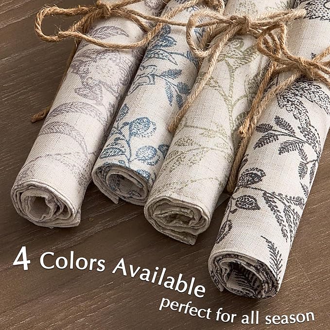 JINCHAN Linen Floral Placemats Set of 4 Cloth Table Mats Rustic Cottagecore Botanical Outdoor Seasonal for Kitchen Dining Table Decor Non-Slip Washable Tablemats 13x19 Inch Grey