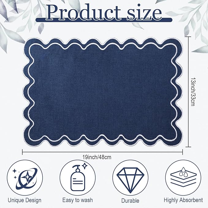 Set of 4 Cotton Linen Placemats, 13x19 Inch Scalloped Wavy Embroidery Placemat Double Layered Washable Rustic Rectangle Dinner Table Mats for Kitchen Wedding Home Party Decor(Navy Blue)
