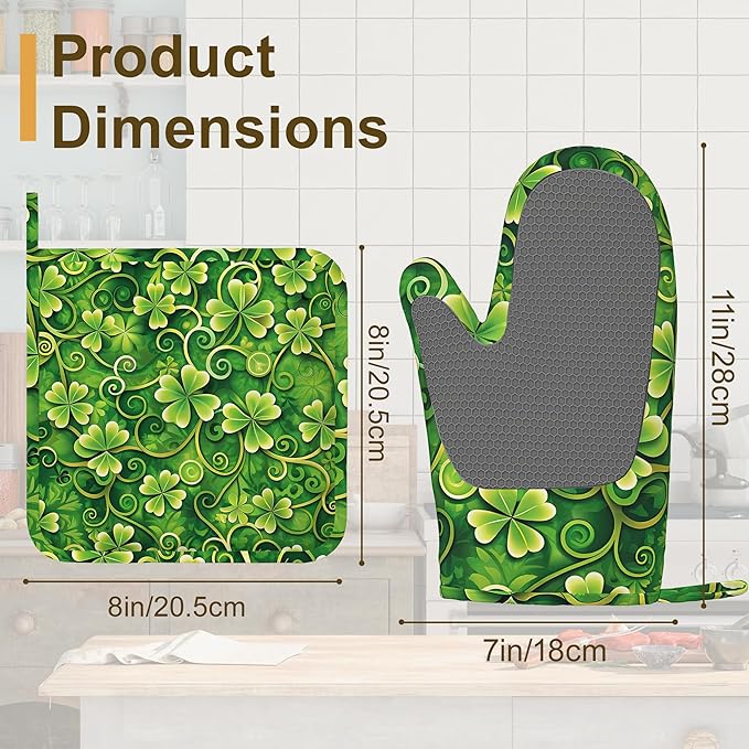 Oven Mitts and Pot Holders St. Patrick Day Silicone Kitchen Accessories Set of 4 Heat Resistant Gloves Green Clover Potholder Non-Slip Grip for Chef Cooking Baking Grilling BBQ