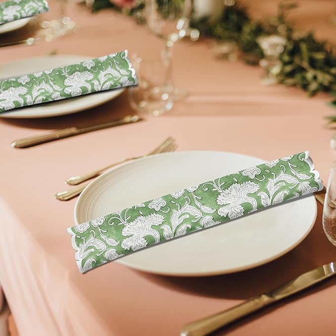 Ridhi Hand Block Print Sage Green 18" x 18" (Set of 4) Embroidery Table Napkins Reusable Cotton Dinner Napkins for Weddings, Parties, Everyday Dining Gift for Spring, Easter, Valentine