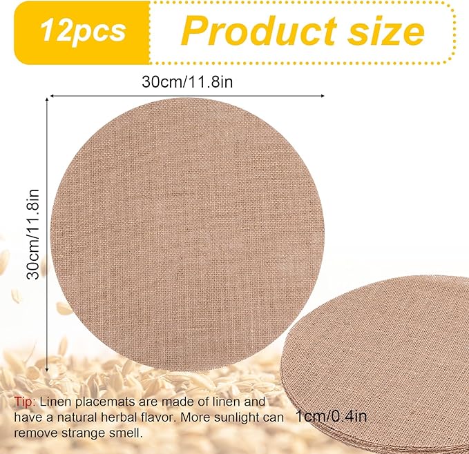 12 Pcs Natural Burlap Placemats, 11.8in Round Reusable Jute Table Mats Boho Natural Linen Table Mats Brown Circle Placemats for Wedding Party Farmhouse Decor Rustic Dinner Setting