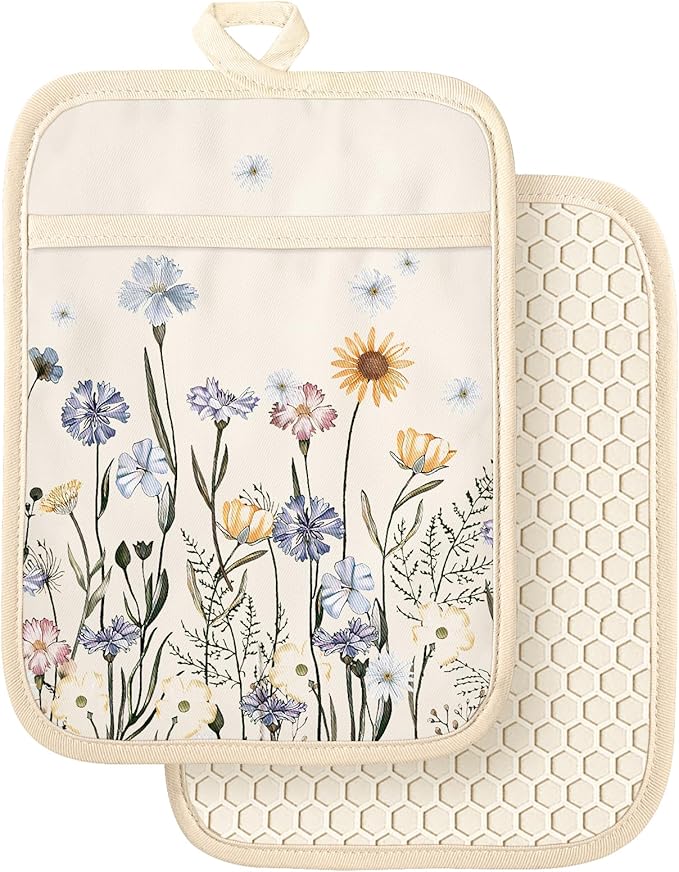 Slohif Silcone Flower Pot Holders for Kitchen - 100% Cotton Beige Oven Potholders with Pockets, Heat Resistant Square Thick Hot Pads, House New Home Baking Baker Gifts,2pack
