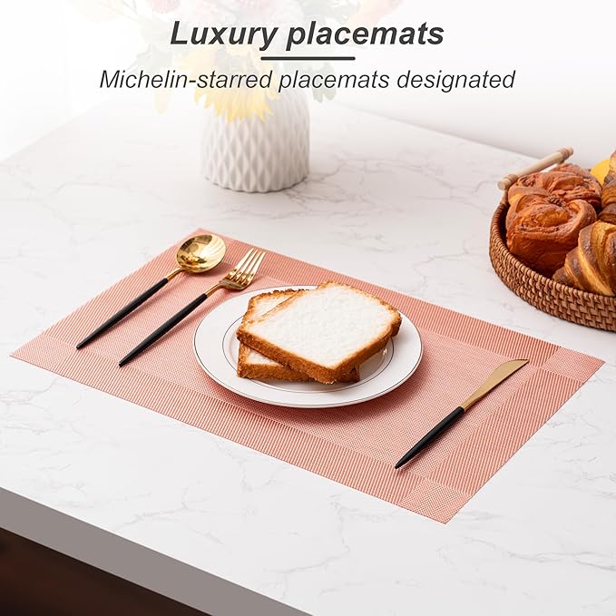 CADONO Placemats Set of 6 Washable Indoor/Outdoor Vinyl Place Mats for Dining Table Durable Non-Slip Heat Resistant PVC Weave Table Mats（Four-Corner-Peachpink）