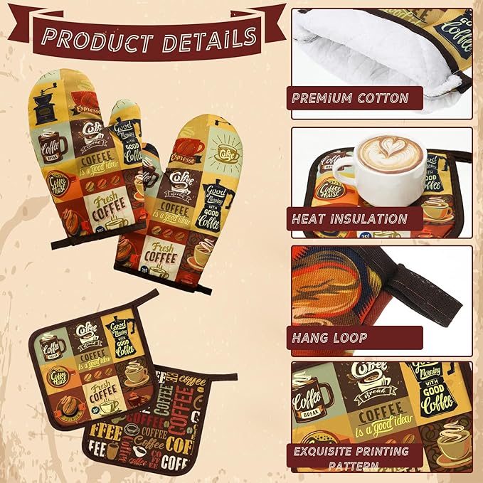 Bencailor 6 Pcs Spring Kitchen Decor Sunflower Pot Holders and Oven Mitts Sets Yellow Kitchen Towel 2 Farmhouse Cooking Mittens for Cooking Grilling Supply Accessories(Dark Brown,Coffee Patterns)