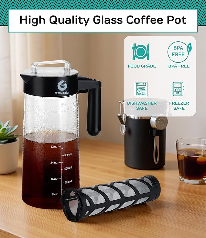 Coffee Gator Cold Brew Coffee Maker - 47 oz Iced Tea and Iced Coffee Maker and Pitcher with Borosilicate Glass Carafe, Filter - Black