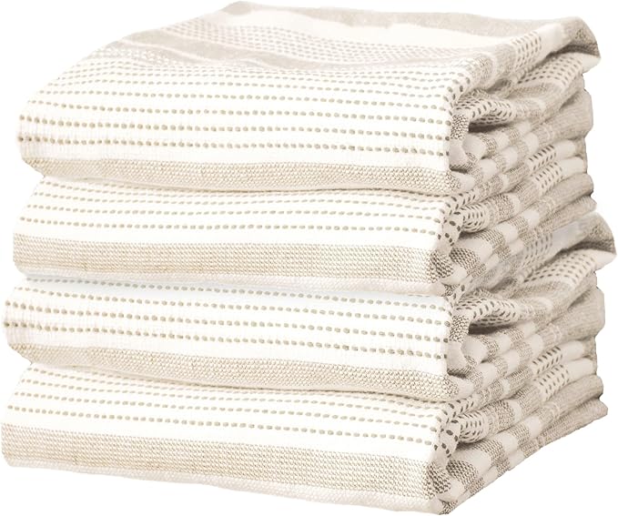 T-Fal Skipping Stripe Dual Kitchen Towel, 18" x 28", Highly Absorbent 100% Cotton, 4-Pack, Toast