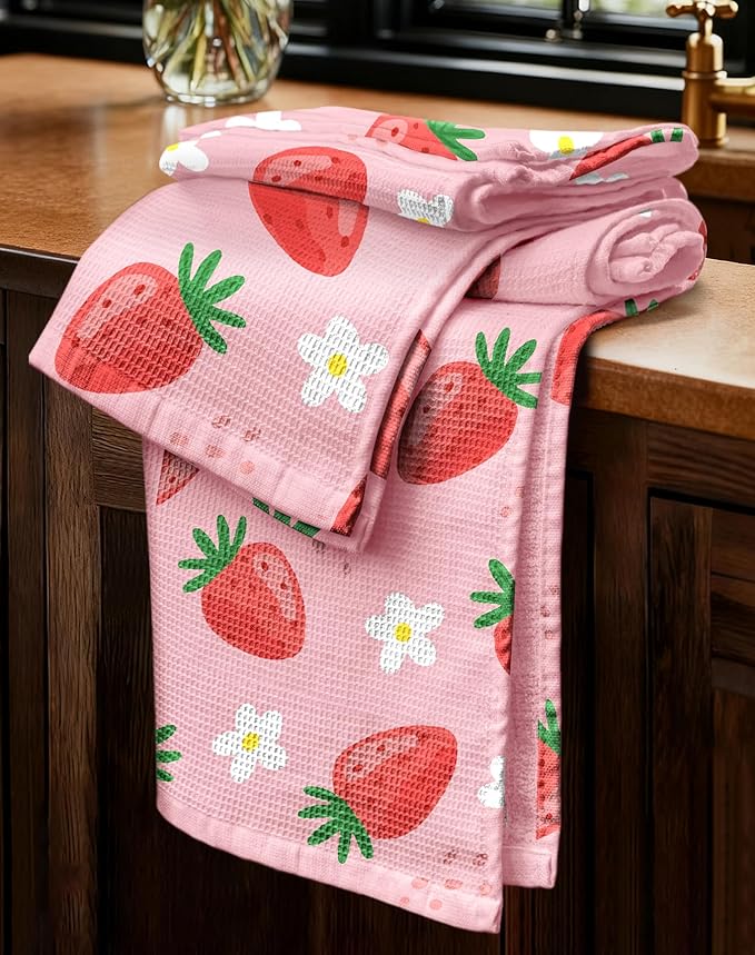 Miss Adola 2pcs Waffle Kitchen Towels - 16x26 Inch Cotton Waffle Weave Dish Cloths Set of 2 with Hanging Loop Absorbent Hand Tea Towels Cute Design for Housewarming Gift, Strawberry