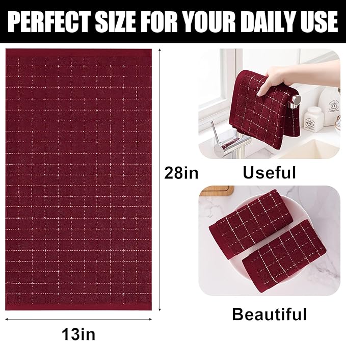 Homaxy 100% Cotton Terry Kitchen Towels(Burgundy Red, 13 x 28 inches), Checkered Designed, Soft and Super Absorbent Dish Towels, 6 Pack