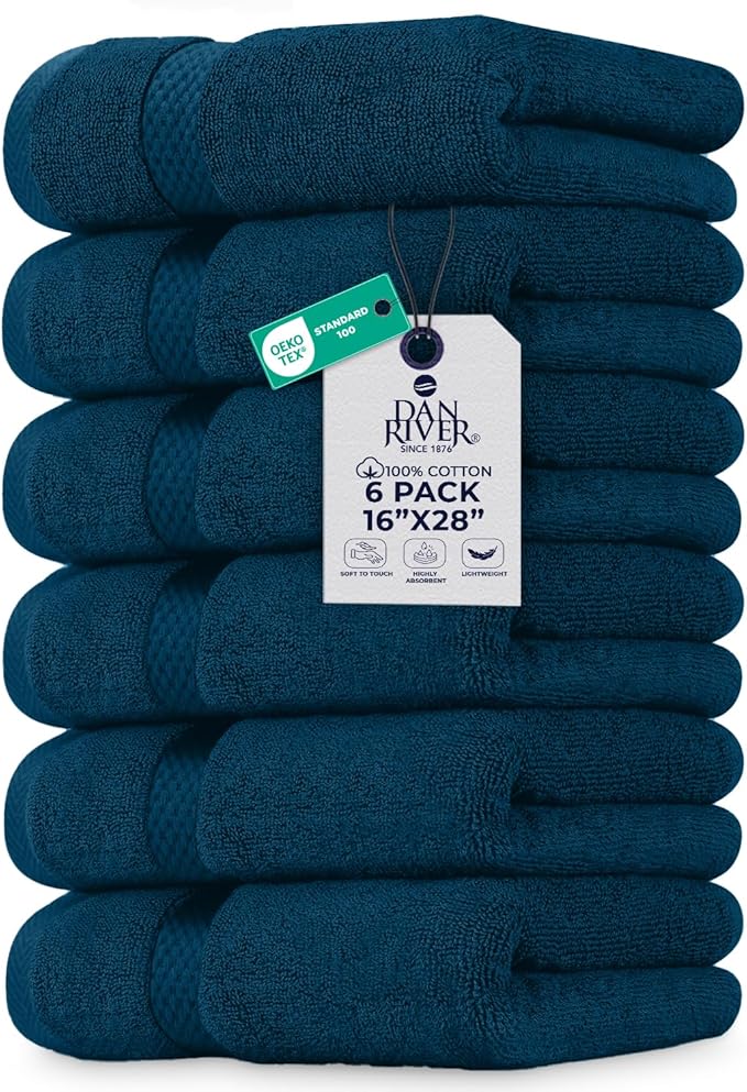 DAN RIVER 6-Pack Premium Hand Towels (16x28 Inches) - 100% Cotton, Ultra Soft, Lightweight, Highly Absorbent Towels for Bathroom, Spa, Gym, Salon, Hotel, and Travel - Opal Blue