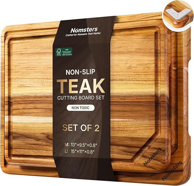 2 Pack Teak Cutting Board for Kitchen Non Toxic Wooden Chopping Board Charcuterie Board Non Slip Over Sink NOT Bamboo Stainless Steel Titanium Acrylic Acacia Olive Glass Plastic Silicone Metal