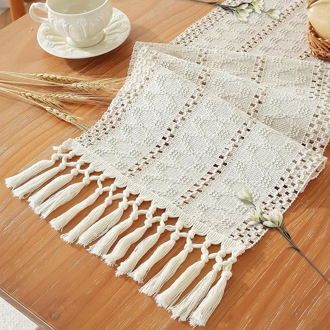 Macrame Table Runner Cream Beige Boho Table Runners with Tassels 90 Inches Long, Rustic Farmhouse Table Runners for Bohemian Kitchen Dining Table(12x90in, Fringe Included)