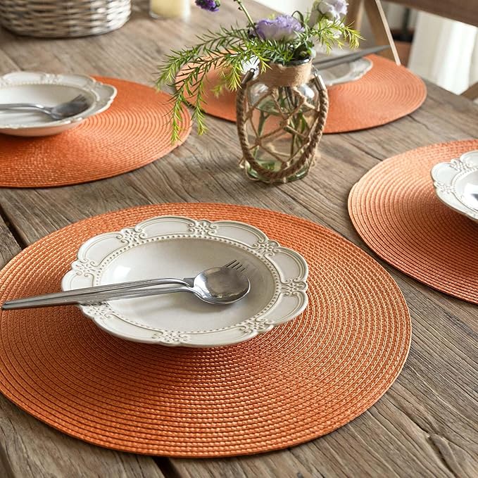 FunWheat Round Braided Placemats Set of 4 Table Mats for Dining Tables Woven Washable Non-Slip Place mats 15 inch(Pumpkin Orange,4pcs)