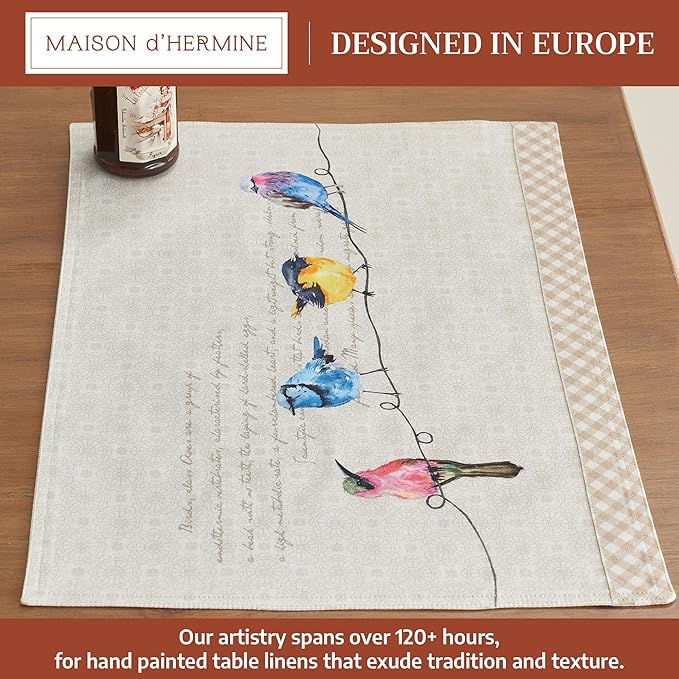 Maison d' Hermine Placemats Set of 4 100% Cotton Washable Cloth Place Mats Reusable Table Mats for Kitchen Dining Party Wedding Gifts for Mothers Day Spring/Summer (Birdies on Wire, 13" x 19")