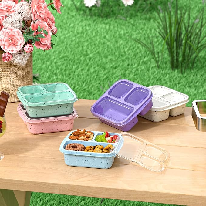 Snack Boxes (3 Pack) - Stackable Bento Boxes with 3 Compartments, Meal Prep Containers Reusable, Lightweight Lunch Containers for Kids and Adults, BPA Free (Off White)