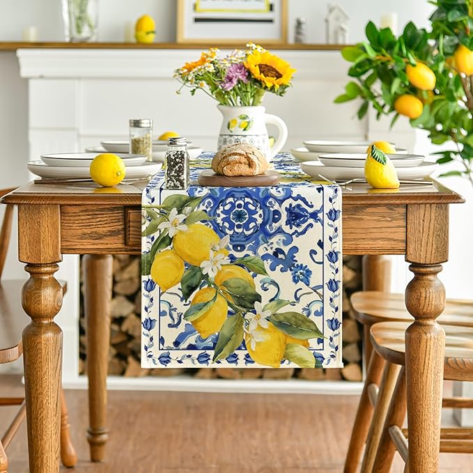 Artoid Mode Lemon Blue and White Porcelain 210 GSM Summer Table Runner, Seasonal Spring Kitchen Dining Table Decoration for Home Party Decor 13x120 Inch