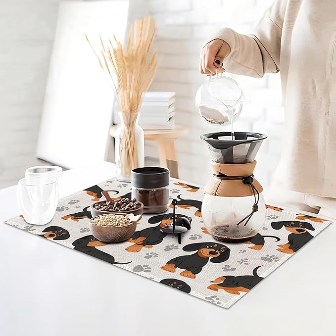 Dog Dachshund Placemats Set of 6, Grey Paws Waterproof Non-Slip Washable Table Mats for Kitchen Dining Holiday Party Wedding Decor 12x18 Inch