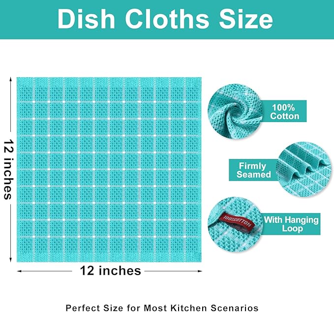 Homaxy 100% Cotton Dish Cloths, 12 Pack-12 X 12 Inches, Check Design Waffle Weave Dish Rags for Washing Dishes, Ultra Absorbent and Fast Drying Dishcloths, Aqua