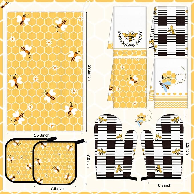 Leinuosen 8 Pcs Yellow Bee Kitchen Towels and Dishcloths Sets Oven Mitts and Pot Holders Sets Absorbent Kitchen Gloves Potholders Heat Resistant for Chef Baking Cooking