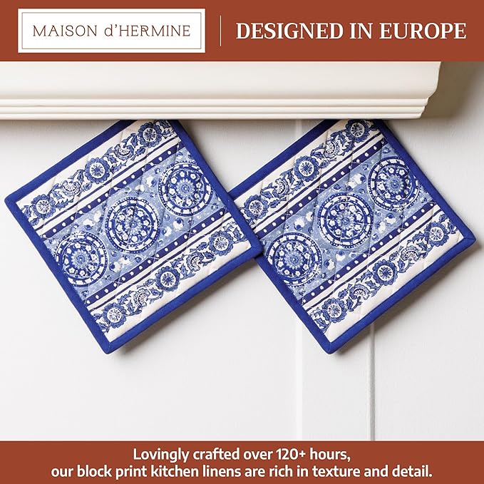Maison d' Hermine Pot Holders 100% Cotton Heat Resistant Potholders 8" x 8" Hot Pads with Loop BBQ Cooking Baking Gifts for Mothers Day Handling Hot Pans Spring/Summer (Pack of 2, Melodie Bleue)
