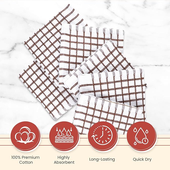 Vintage Vista 100% Cotton Dish Cloths (Pack of 6) - Dish Rags for Washing Dishes - Reusable & Highly Absorbent Kitchen Towels - Kitchen Rags fo Easter - (12" x 12" - Natural Brown Checkered)