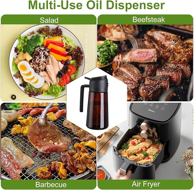 LAKUMIQI 2 in 1 Oil Sprayer for Cooking, 16oz Olive Oil Dispenser Bottle for Kitchen, Food Grade Light-Blocking Leak Proof Glass Spray Bottle for Salad, Air Fryer, BBQ