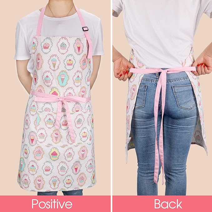 Cute Apron with 2 Pockets for Women, Adjustable Neck Strap and Long Waist Ties Cotton Cooking Baking Aprons, Use as a Kitchen and Chef Apron, Artist or Garden Aprons (Cupcake)
