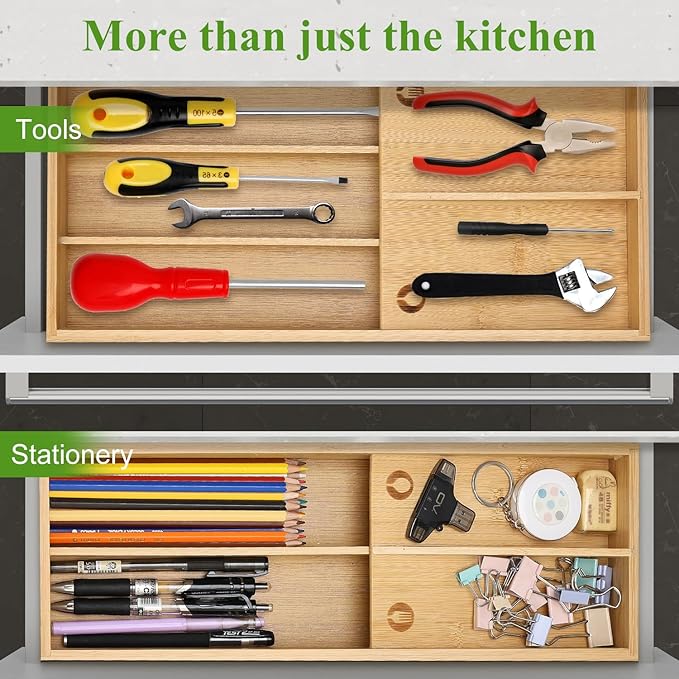 Hilislog Bamboo Silverware Drawer Organizer Cutlery Tray for Drawer Wood Kitchen Utensil Tray Flatware Caddy Cutlery Holder Utensil Drawers Organizer for Spoon Fork Knives Wooden Silverware Trays