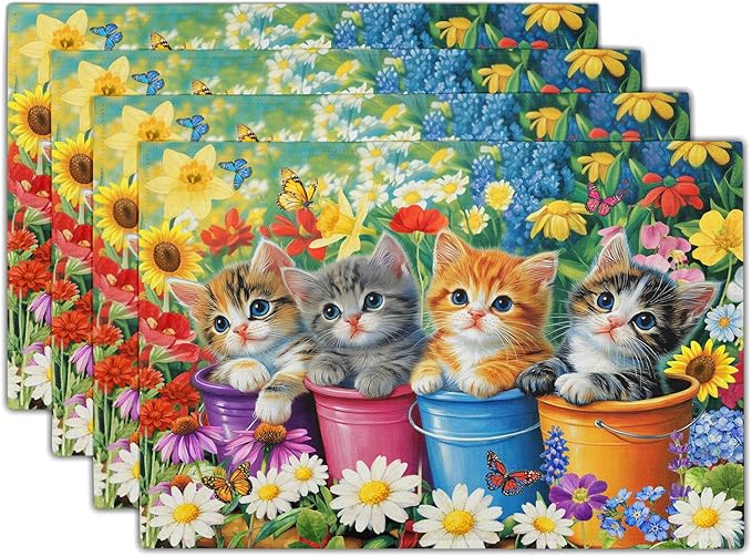 Funny Cats Placemat Set of 4 Colorful Floral Cloth Table Place Mat for Dining Kitchen Party Decor