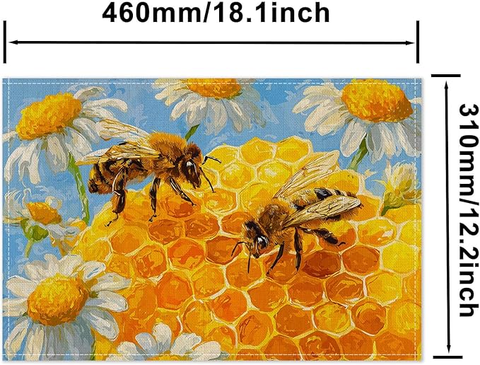 HOMETITUTE Placemats Set of 4 12x18 inch Spring Table Mats for Dining Table Honeycomb Bee Linen Placemats Farmhouse Decorations Kitchen Decor Desk Mat for Outdoor Home Party Kitchen Seasonal Dining