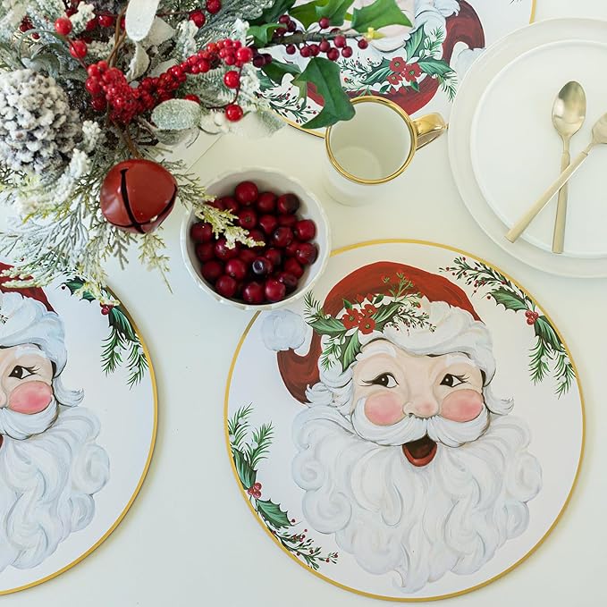Benson Mills Cork Placemats Set of 4, Thick Cork Place Mats for Kitchen and Dining Tables, Easy Clean Table Mats for Christmas, Winter and Holidays (13.75" Round Set of 4, Joyful Santa)