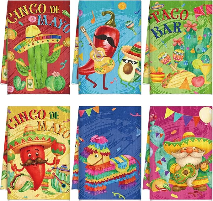 Breling Set of 6 Mexican Kitchen Towels Fiesta Taco Cactus Chili Dish Towel Cinco De Mayo Bathroom Decorative Rustic Cloths Tea Towels for Kitchen Bathroom Home Housewarming Gifts, 14 x 21 Inch