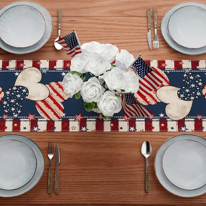 4th of July Table Runner Stripe Stars Heart Memorial Day Independence Day Patriotic America Table Decoration Home Kitchen Dining Indoor Holiday Farmhouse Decor 13x36 Inch