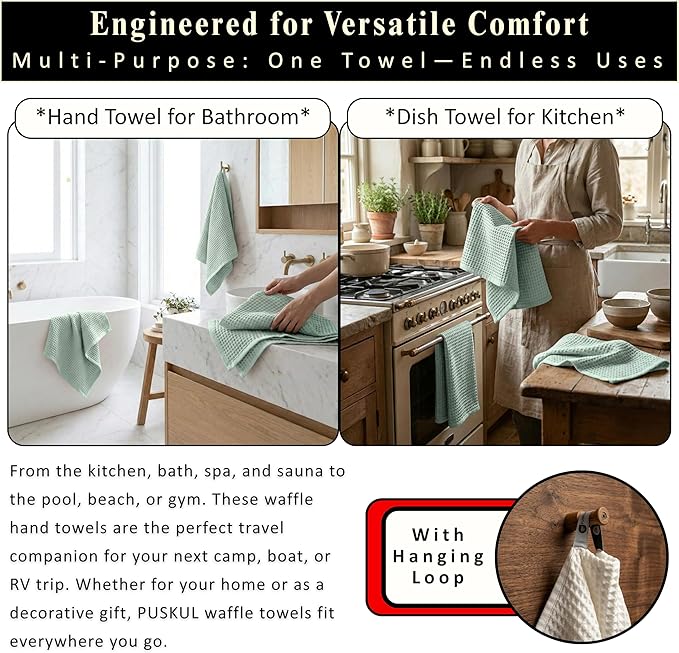 PÜSKÜL Natural 100% Turkish Cotton Waffle Kitchen Towels Set of 3 | Oeko-Tex, Premium Waffle Hand Towels for Bathroom | Soft Absorbent Quick-Dry Lint-Free Dish Towel Large 32x16 inch (3, Ice Green)