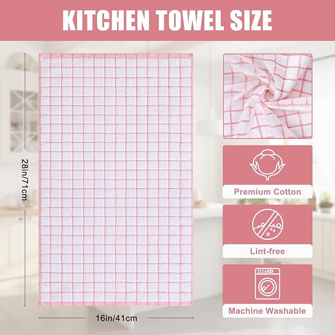 Homaxy Premium Kitchen Towels(16”x 28”, 8 Pack), Large Ring Spun Cotton Dish Towels, Super Absorbent Soft Terry Kitchen Hand Towels, Check Design Tea Towel Set with Hanging Loop, Pink