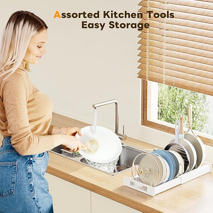 Dayacoco Pot and Pan Organizer, Expandable Pot Organizers Inside Cabinet, Pots and Pans Organizer under Cabinet with 10 Adjustable Compartments for Kitchen Cabinet,Frying Rack, Lid, Cookware, 2 Pcs