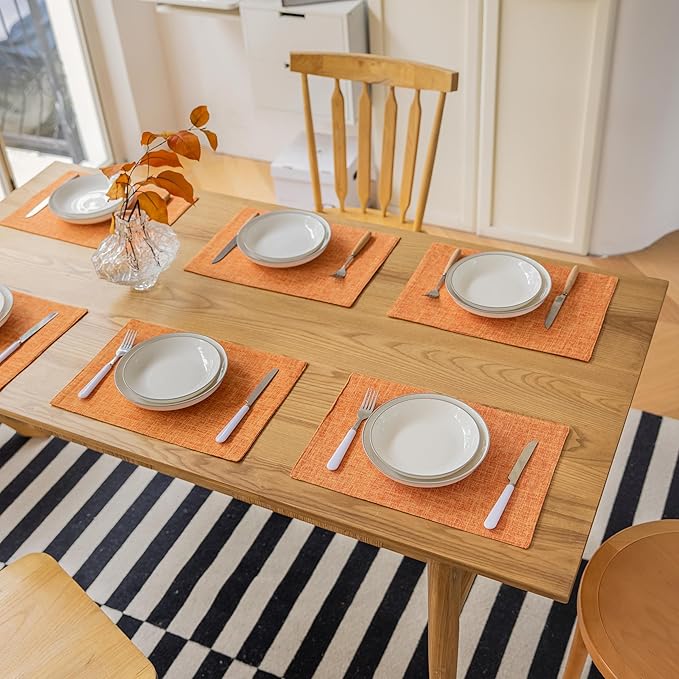 Demetex Orange Placemats Set of 8 Linen Textured Fabric Place Mats Rectangle Cloth Table Mats for Home Office Table Decor, 13x19 inch, Orange
