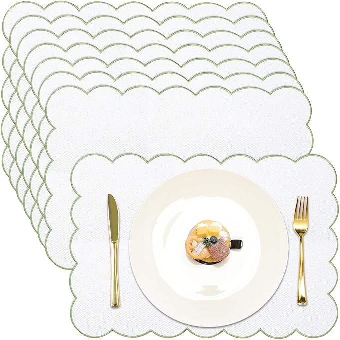LemonRoad 8 Pcs Boho Linen Placemats Set 13" x 19" Elegant Scalloped Double Layered Placemats Farmhouse Washable Rustic Dining Table Decorations for Kitchen Wedding Banquet (White,Sage Green)