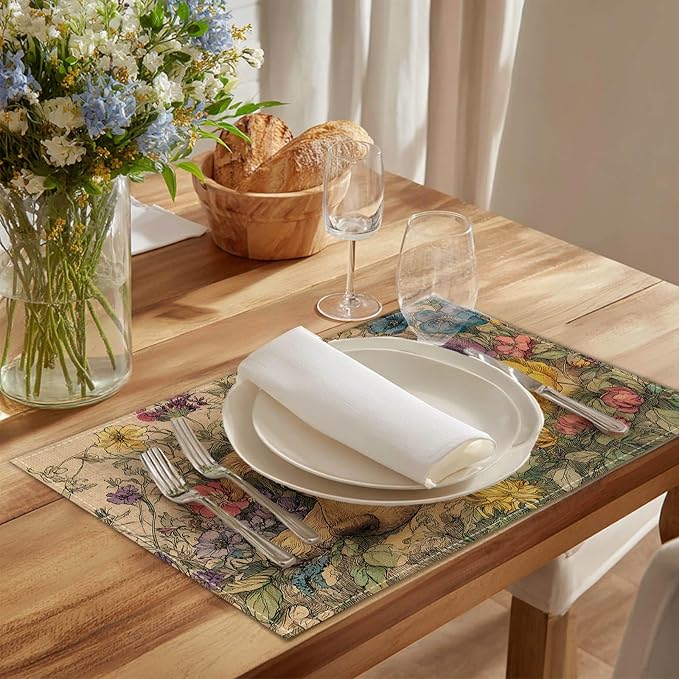 HOMETITUTE Placemats Set of 4 12x18 inch Dog Pattern Spring Table Mats for Dining Table Linen Placemats Farmhouse Decorations Kitchen Decor Desk Mat for Outdoor Home Party Kitchen Seasonal Dining