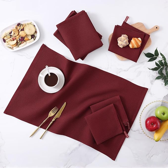 Homaxy 100% Cotton Kitchen Towels and Dishcloths Set - 8 Pack Waffle Weave Soft and Absorbent Dish Towels - 26 X 16 Inch and 12 X 12 Inch - Burgundy