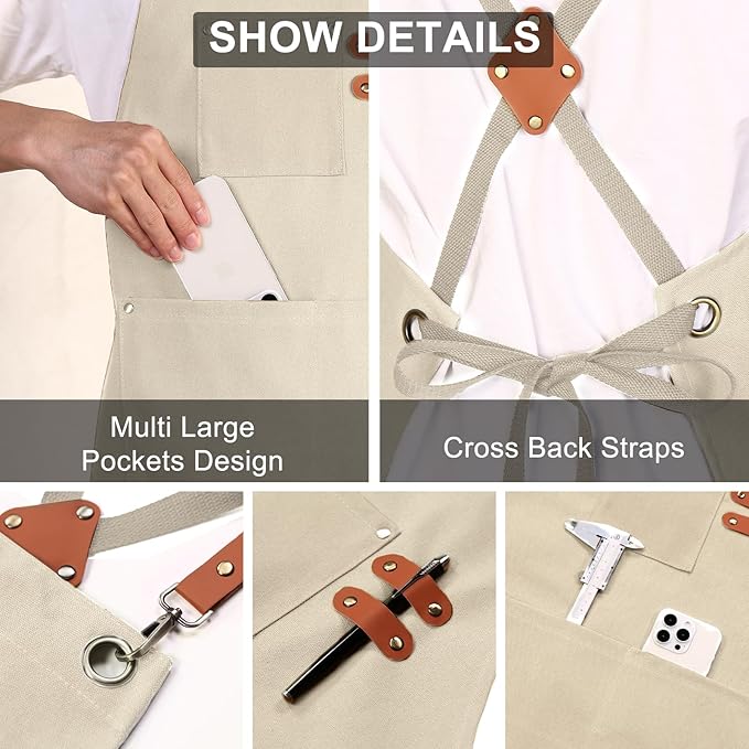 ZOMAO Chef Apron for Women Men with Large Pockets, Cotton Canvas Cross Back Waterproof Work Aprons for Kitchen Cooking Bib