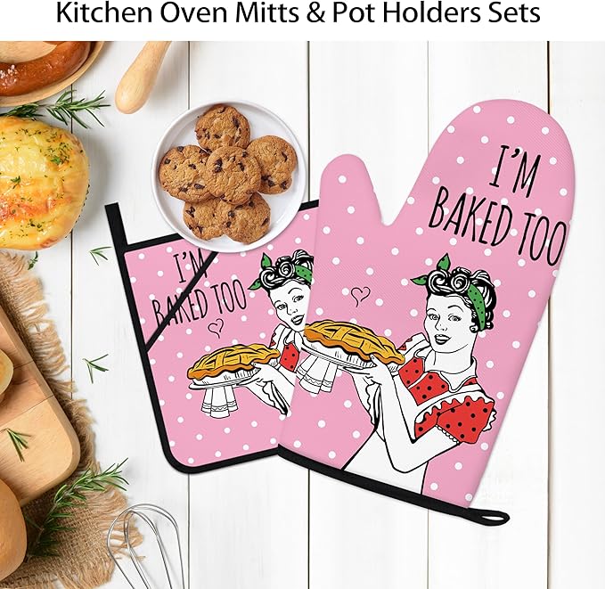 Funny Oven Mitts and Pot Holders Sets Pink Kitchen Accessories Cute Kitchen Decor Funny House Warming Gifts Heat Resistant Cooking Baking Gifts for Women (Pink, Oven Mitts & Pot Holders)