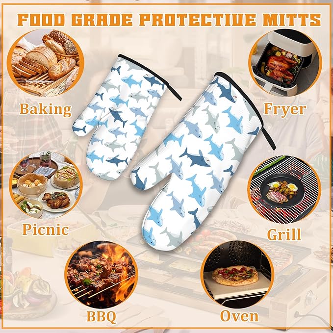 Cute Shark Oven Mitts and Pot Holders Set,Kitchen Decor Heat Resistant Non Slip Hot Pads and Oven Mitt for Chef Cooking Baking BBQ Mom Girl Gifts(4 Piece Set)