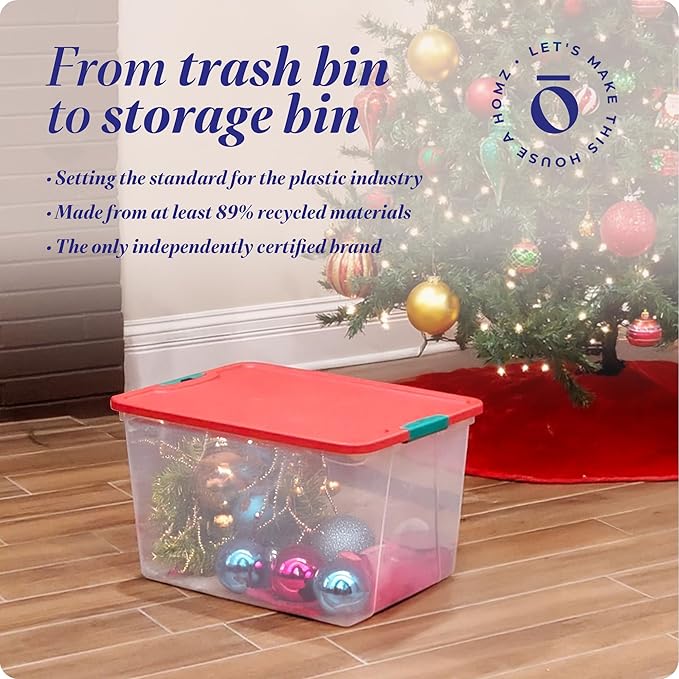 HOMZ 4-Pack Secure Latch, Clear Plastic Storage Organizer Bins, 64 Quart, Red Lid - Stackable Container Boxes for Bedroom, Bathroom, Garage, and Office Organization