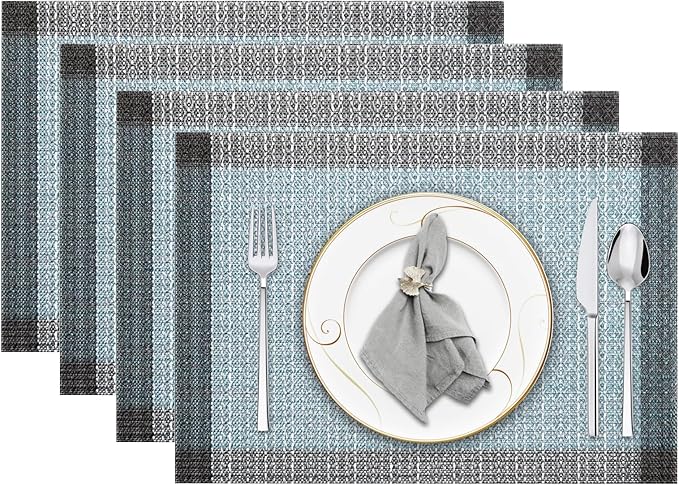 Niviy Blue Grey Ethnic Boho Placemats Set of 4, 12x18 Inch Linen Burlap Washable Durable Art Table Mats for Holiday Party Kitchen Dining Room Decoration