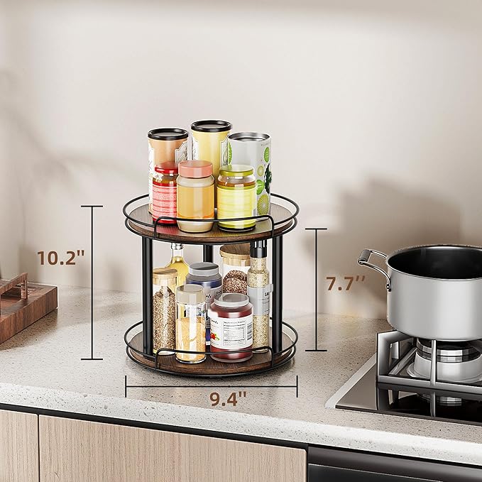 LAMU 9.1'' Wood Lazy Susan Turntable Organizer for Cabinet, 2 Tier Lazy Susan Spice Rack Organizer for Kitchen, Table Top, Countertop, Pantry, Medicine Organizer