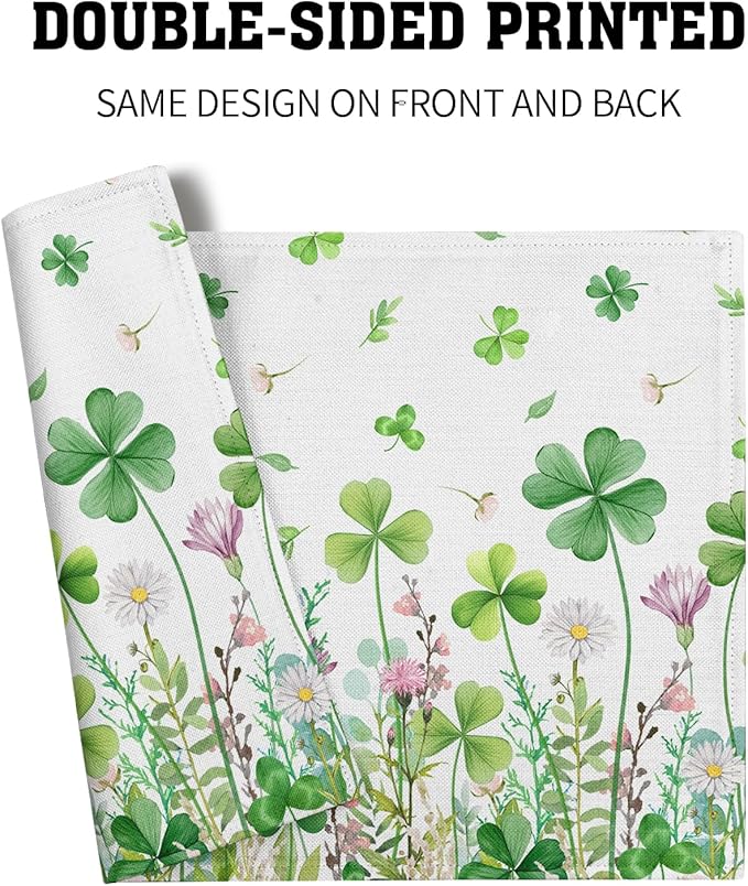 Green Shamrock Placemats Set of 4, 12 x 18 Inch Clover Lucky Floral Heat Resistant Linen Farmhouse Table Dining Place Mats for Seasonal Spring Kitchen Home Decor
