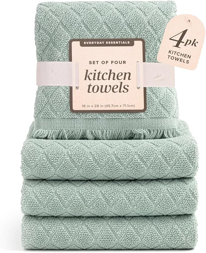 MosJos Kitchen Towels, Set of 4 Hand Towels, Blue Diamond Pattern Drying Towels 18 x 28 Super Absorbent Cotton Hand Cloths with Fringed Edges, Everyday Essentials Kitchen Linens